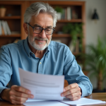 Homme d'âge moyen examine documents d'impôts dans sa maison