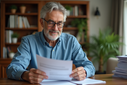 Homme d'âge moyen examine documents d'impôts dans sa maison