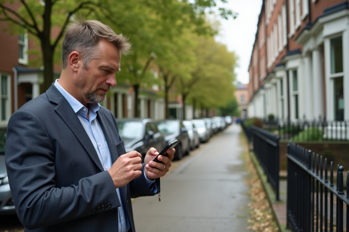 Homme vérifiant son smartphone devant une maison rénovée