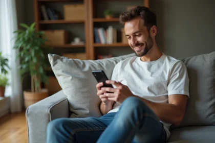 Homme détendu sur canapé avec smartphone MyAppart