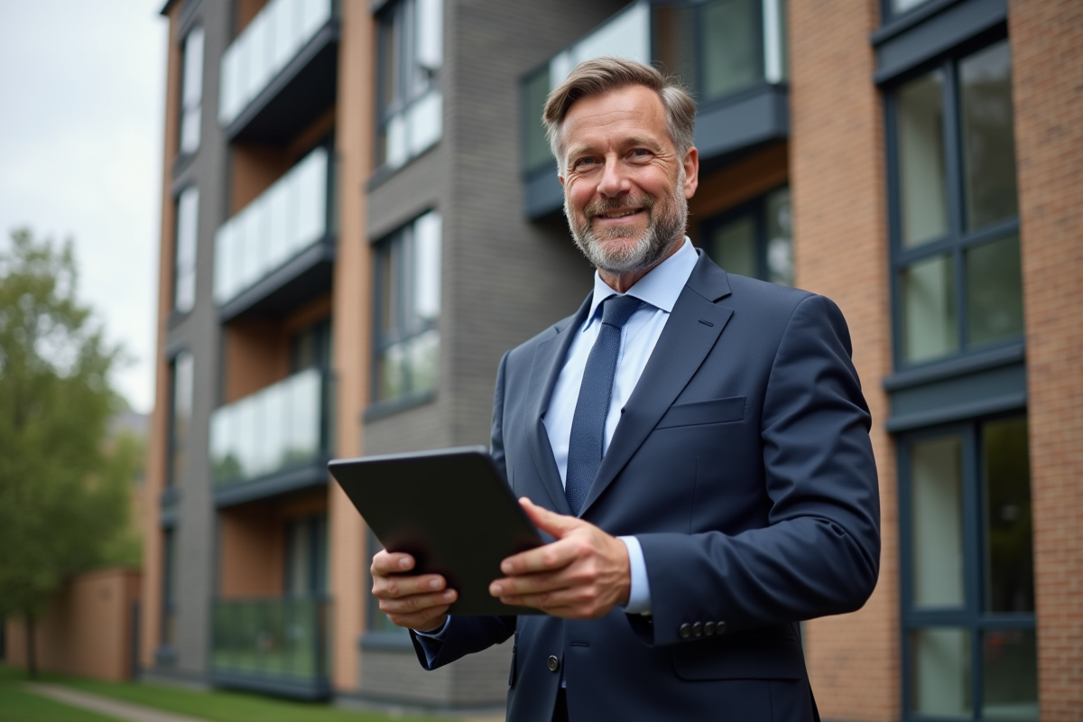 Homme en costume tenant une tablette devant un immeuble neuf