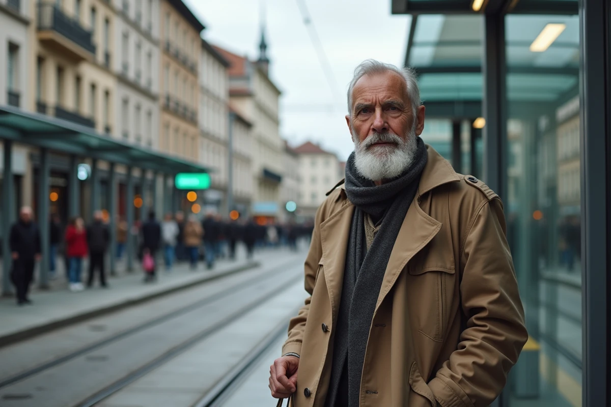 Homme âgé attendant à la station de tram à Grenoble