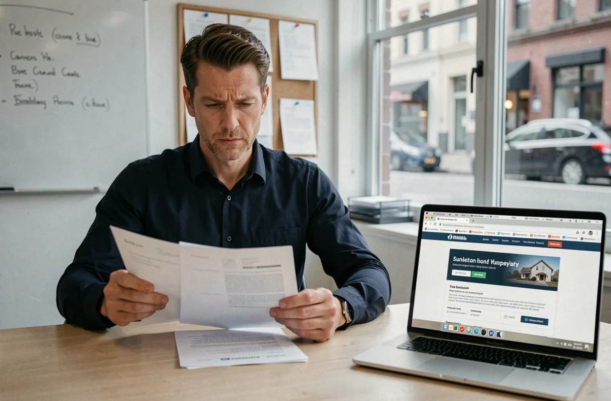 Homme comparant des formulaires d'aide au logement pour repérer les arnaques en ligne depuis son bureau