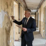 Huissier de justice rédigeant un constat avant travaux dans un couloir d'appartement dégradé