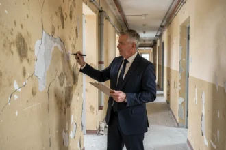 Huissier de justice rédigeant un constat avant travaux dans un couloir d'appartement dégradé
