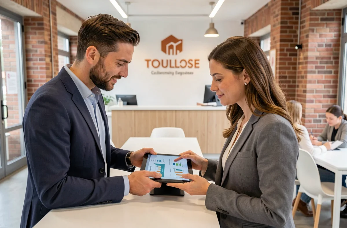 Deux conseillers d'Immoprêt Toulouse Centre collaborant sur une simulation de crédit immobilier