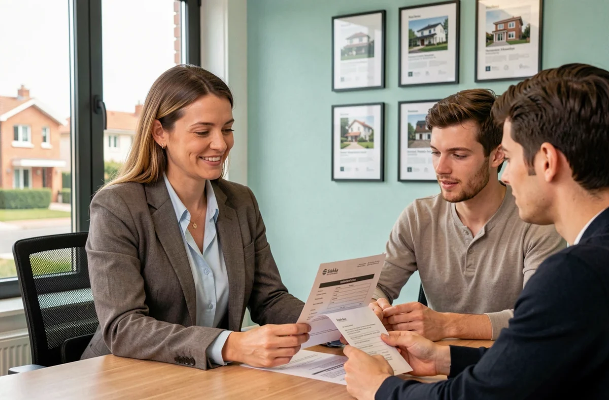 Courtière Immoprêt Toulouse Sud-Ouest expliquant une offre de prêt immobilier à un jeune couple