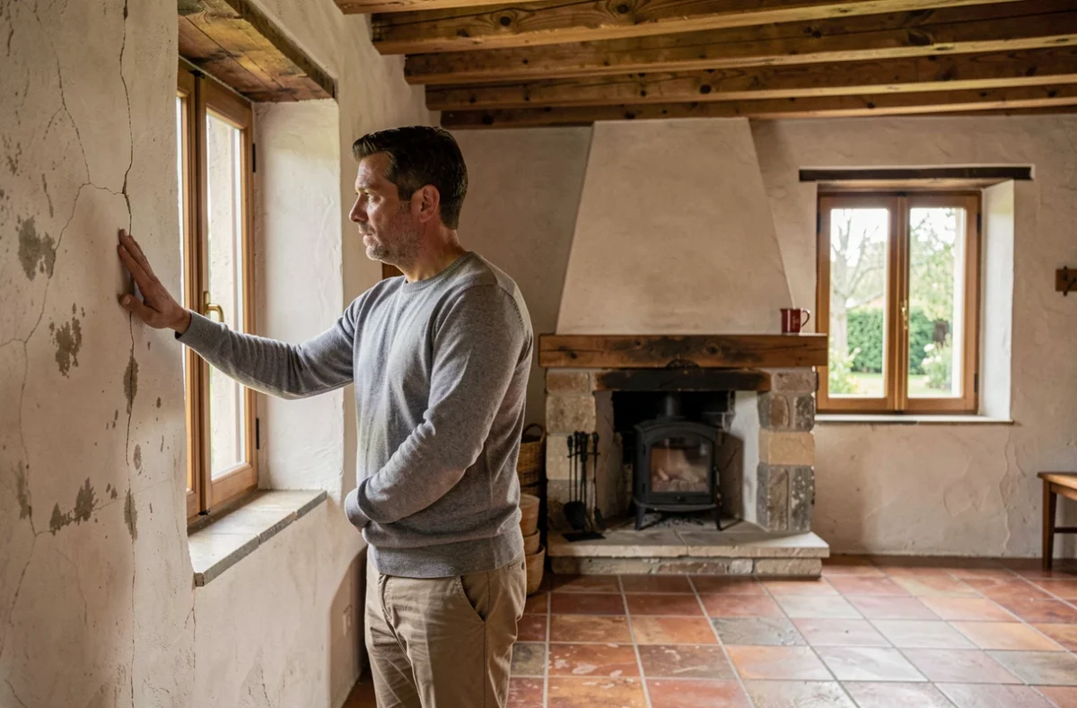 Locataire inspectant les murs intérieurs d'une petite maison de campagne à louer dans le Puy-de-Dôme