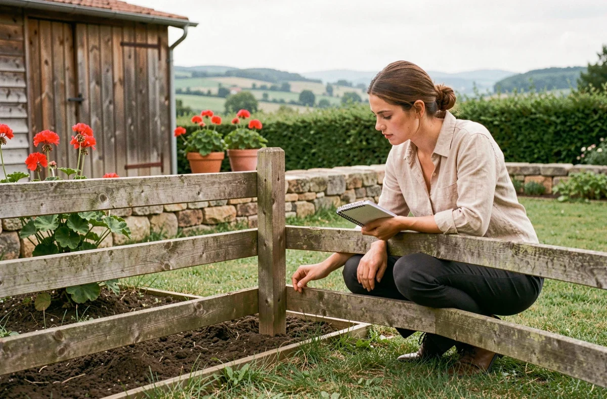 Femme vérifiant l'état de la clôture et du jardin lors de la visite d'une petite maison à louer en Auvergne