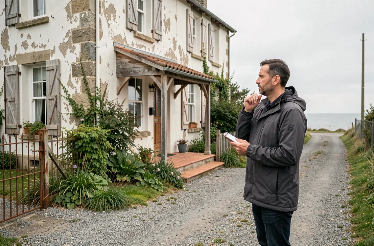 Homme inspectant seul une maison normande à vendre en bord de mer avant une négociation de prix