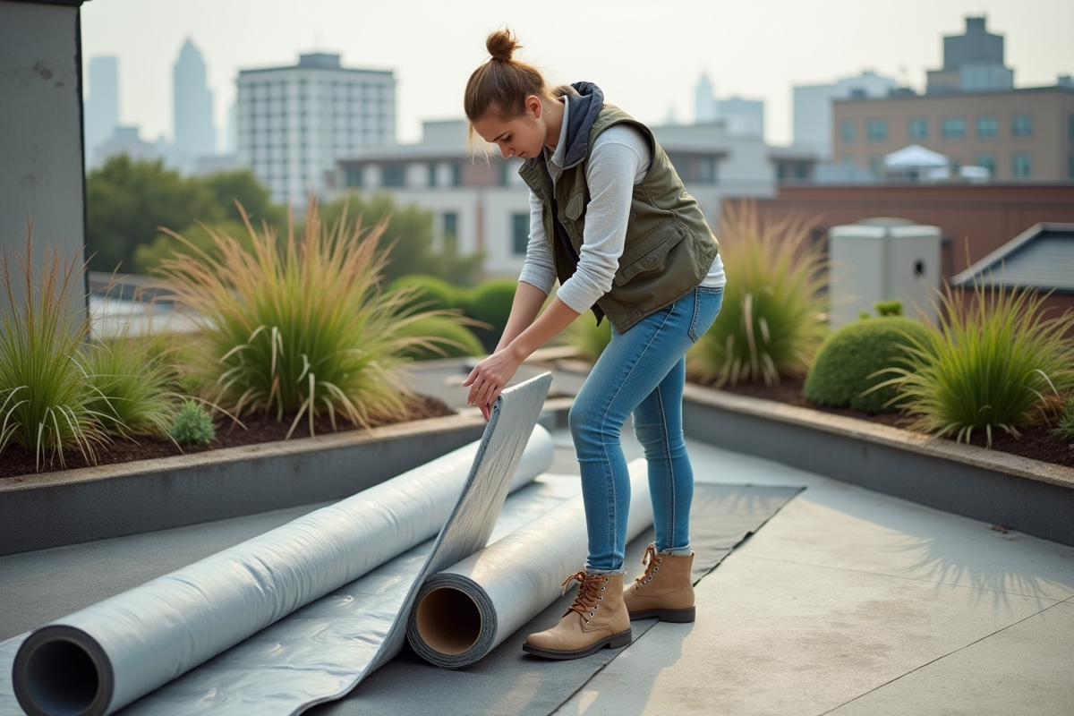Jeune femme inspectant matériaux sur toit urbain