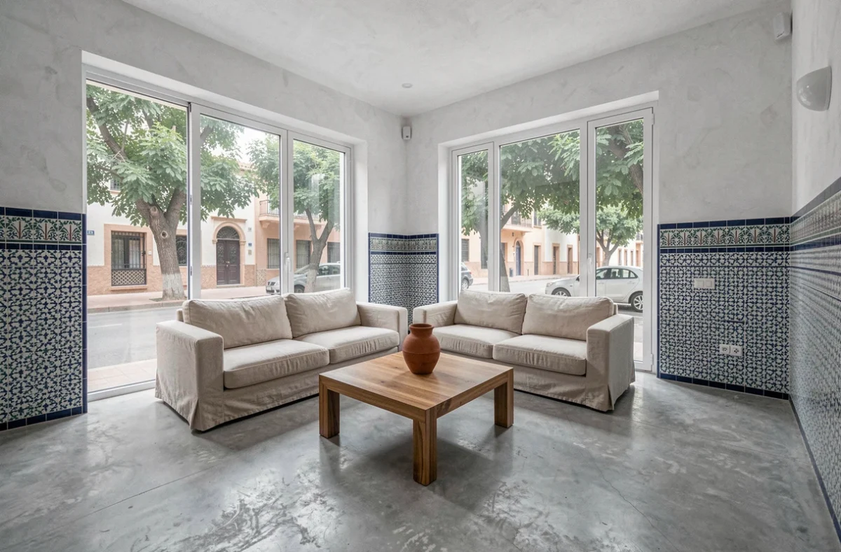 Intérieur lumineux d'un appartement rénové à Guéliz avec décoration alliant style moderne et touches marocaines traditionnelles