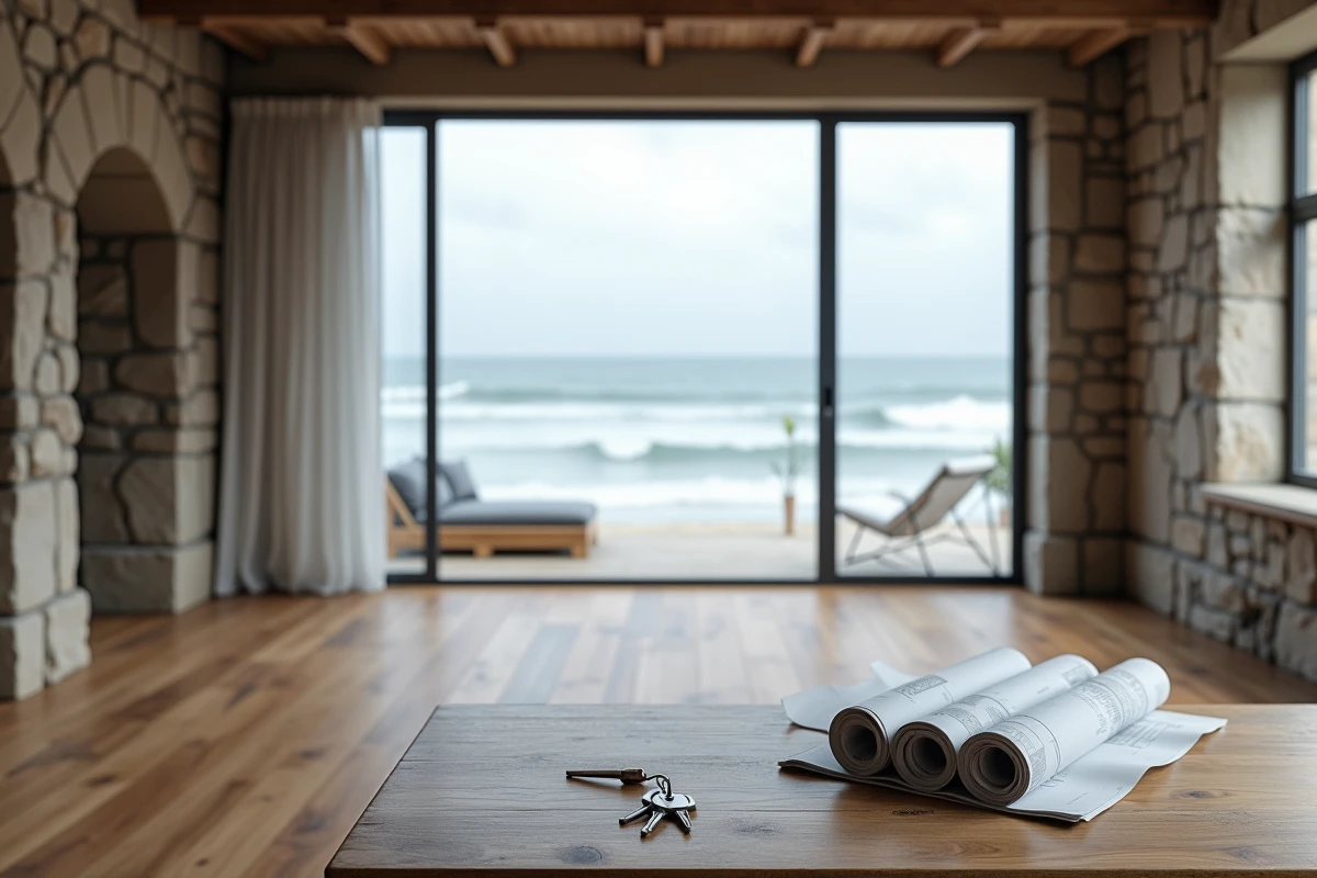Intérieur d'un appartement rénové en bord de mer en Normandie avec vue panoramique sur l'océan et plan immobilier