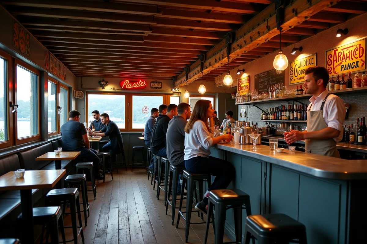 Intérieur chaleureux d'un bar sur péniche à Lyon avec comptoir en zinc et décor rétro fluvial