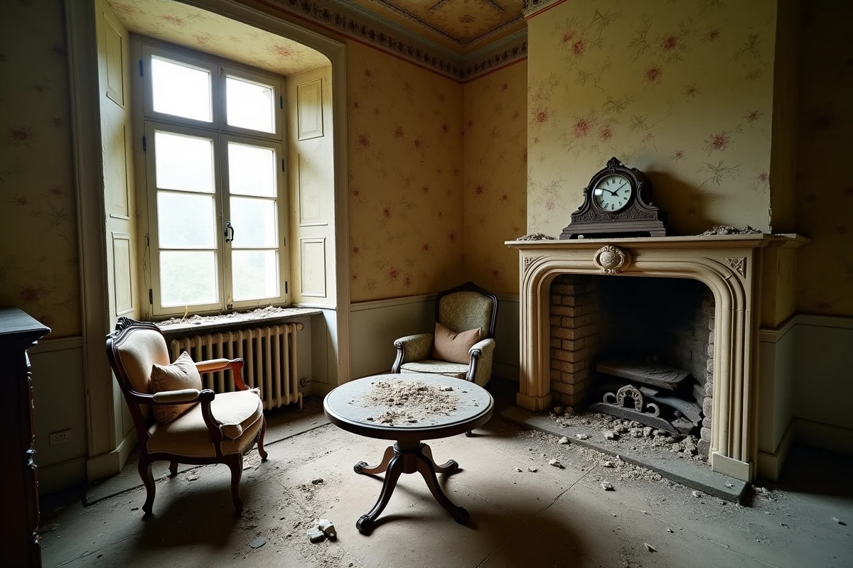 Intérieur d'une maison abandonnée en France avec mobilier ancien poussiéreux et papier peint décollé