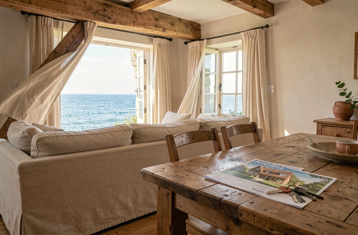 Intérieur rénové d'une petite maison de pêcheur normande avec vue mer depuis le salon en vente