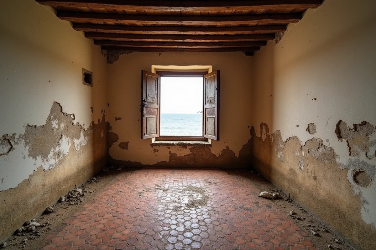 Intérieur délabré d'une petite maison de pêcheur au Portugal révélant des défauts cachés fréquents dans les annonces immobilières en ligne
