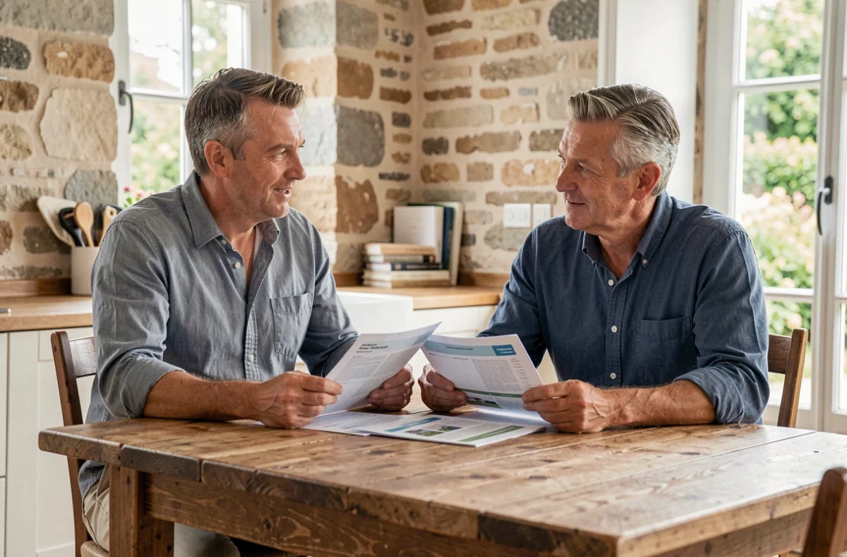 Transaction immobilière entre particuliers autour d'une table dans une maison française, évoquant le concept de L'Interparticuliers
