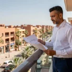 Investisseur immobilier sur le balcon d'un appartement moderne à Guéliz, Marrakech, avec vue panoramique sur les boulevards contemporains