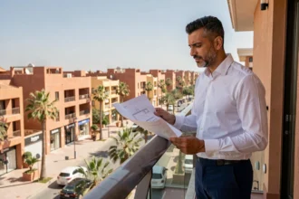 Investisseur immobilier sur le balcon d'un appartement moderne à Guéliz, Marrakech, avec vue panoramique sur les boulevards contemporains