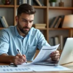 Investisseur débutant analysant des documents immobiliers locatifs dans un bureau moderne
