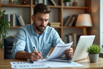 Investisseur débutant analysant des documents immobiliers locatifs dans un bureau moderne