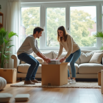 Jeune couple déballant des cartons dans un appartement lumineux