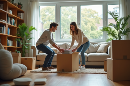 Jeune couple déballant des cartons dans un appartement lumineux