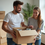 Jeune couple souriant emballant vaisselle dans un appartement lumineux