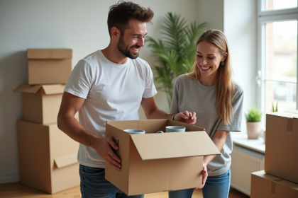 Jeune couple souriant emballant vaisselle dans un appartement lumineux