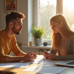 Jeune couple à la maison examine des papiers avec espoir