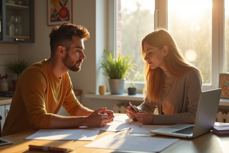 Jeune couple à la maison examine des papiers avec espoir