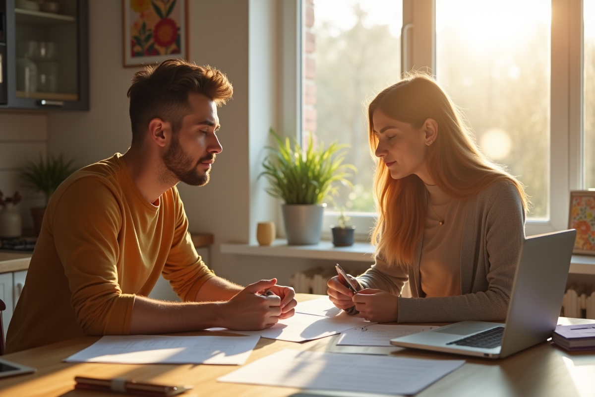 Jeune couple à la maison examine des papiers avec espoir