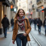 Jeune femme souriante dans la rue piétonne de Grenoble