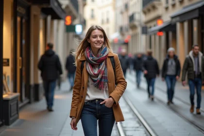 Jeune femme souriante dans la rue piétonne de Grenoble