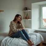 Jeune femme assise dans une petite chambre lumineuse