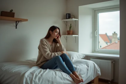Jeune femme assise dans une petite chambre lumineuse