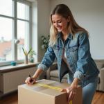 Jeune femme emballant une boxe en carton dans un appartement