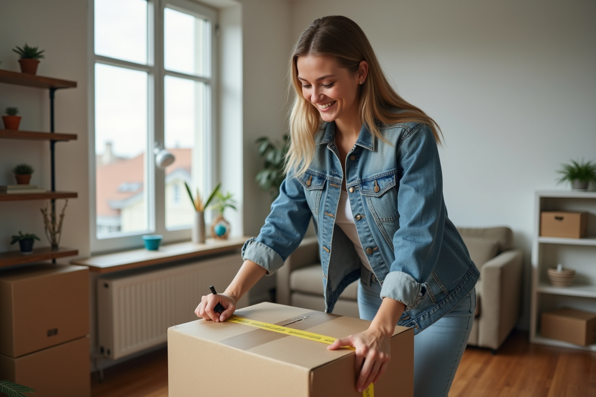 Jeune femme emballant une boxe en carton dans un appartement