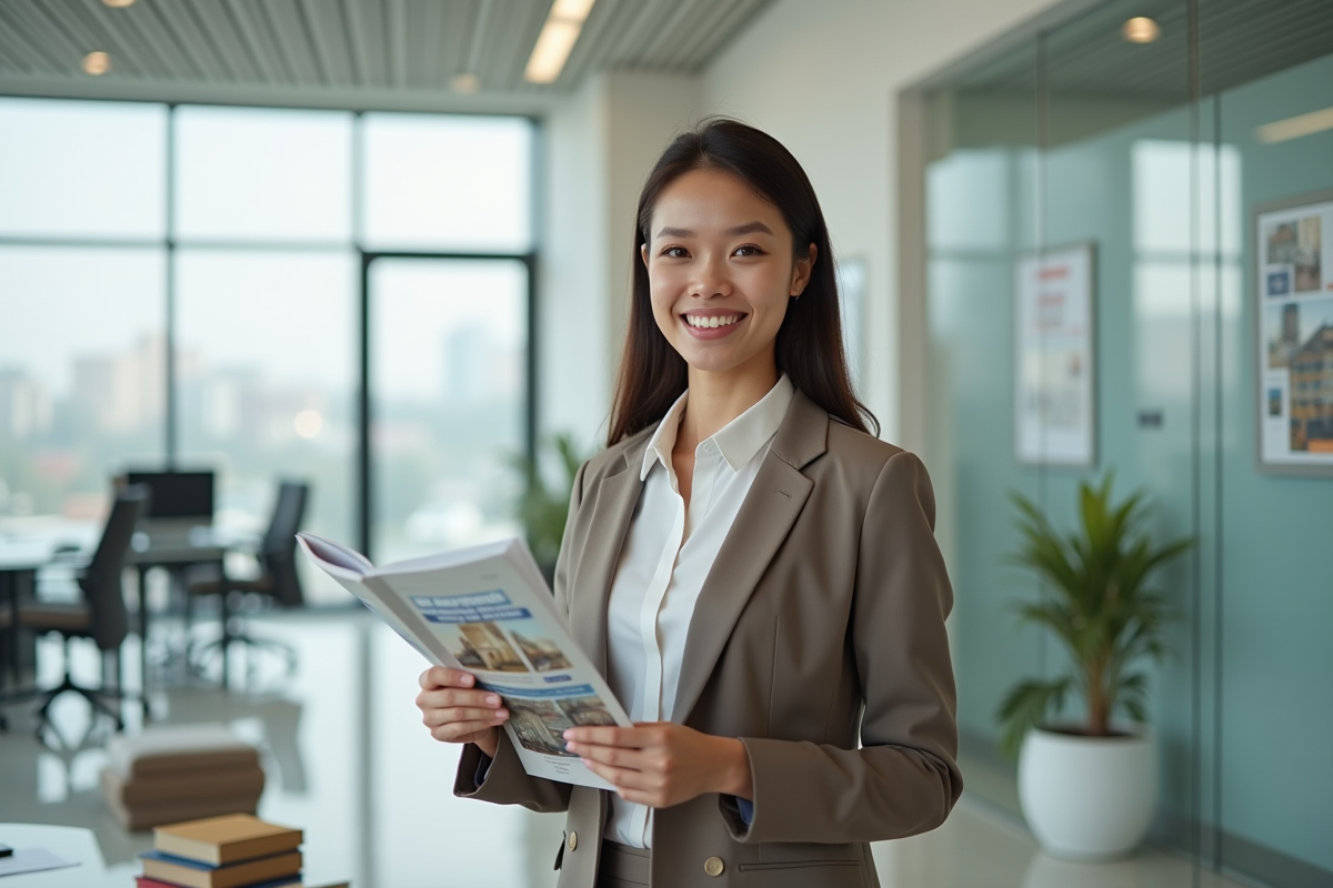 Jeune femme professionnelle tenant guide immobilier dans un bureau lumineux