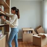 Jeune femme arrangeant des livres dans un salon neuf
