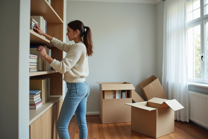Jeune femme arrangeant des livres dans un salon neuf