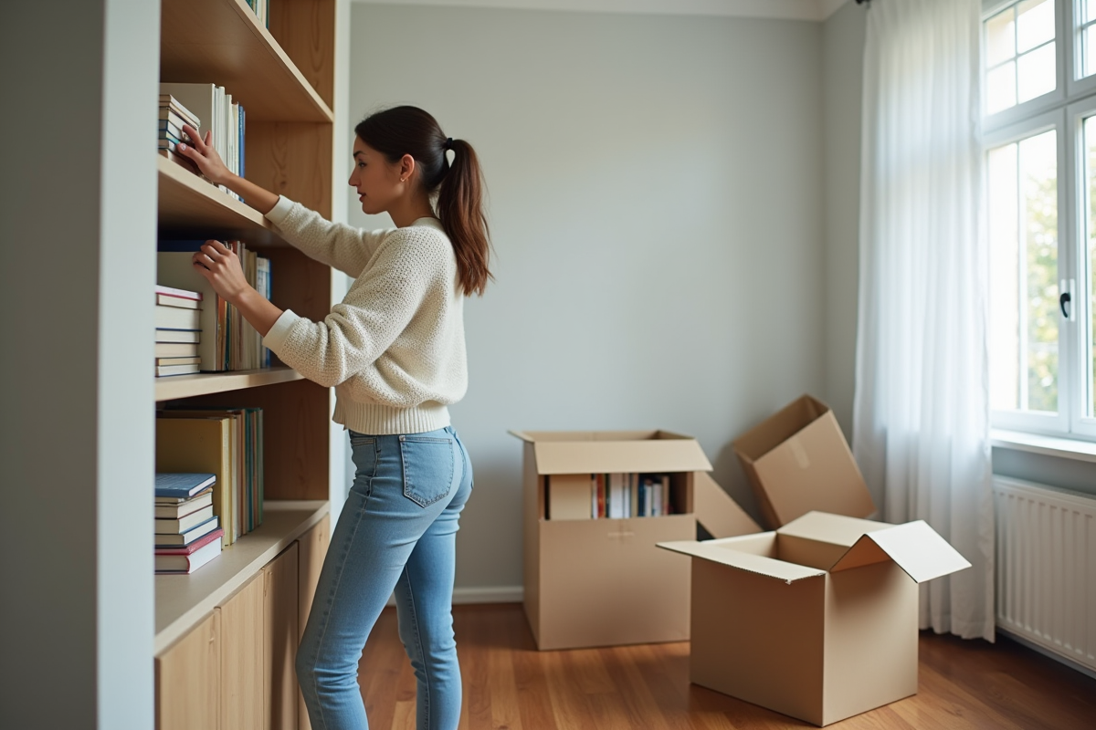 Jeune femme arrangeant des livres dans un salon neuf