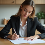 Jeune femme signant un contrat de location dans un appartement moderne