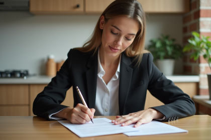 Jeune femme signant un contrat de location dans un appartement moderne