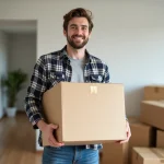 Jeune homme souriant déplaçant une boîte dans un appartement moderne