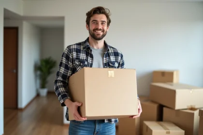 Jeune homme souriant déplaçant une boîte dans un appartement moderne