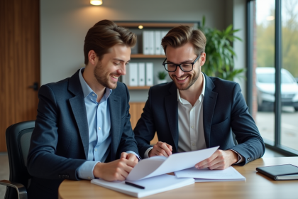 Jeune homme en réunion avec une notaire dans un bureau moderne