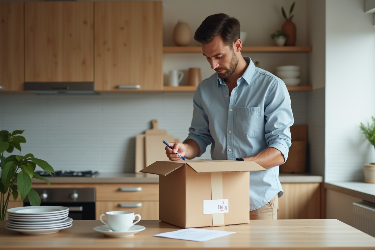 Jeune homme vérifiant une liste de courses dans une cuisine moderne