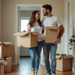 Jeune couple souriant avec cartons dans l'entrée